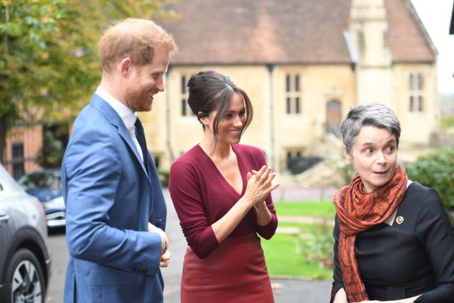 The Duke and Duchess of Sussex arrive for a roundtable discussion on gender equality with the Queen's Commonwealth Trust and One Young World at Windsor Castle