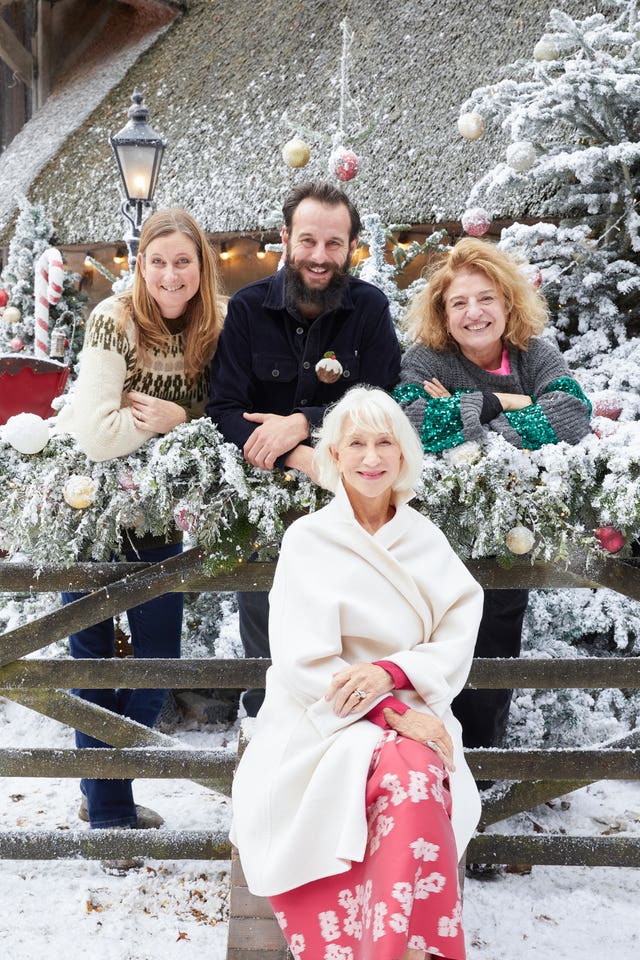 Experts Becky, Dom and Lucia with Dame Helen Mirren as they appear in the Christmas edition of BBC One’s The Repair Shop