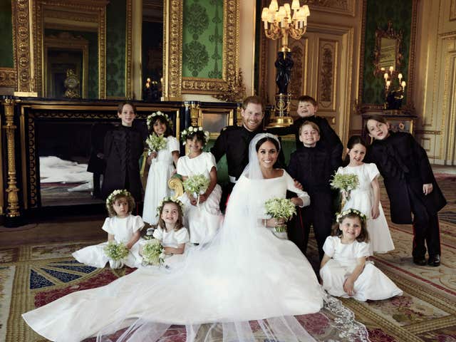 Harry and Meghan surrounded by their bridesmaids and pageboys. (Alexi Lubomirski)