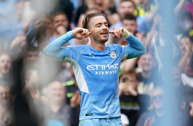 Jack Grealish celebrates his first goal for Manchester City