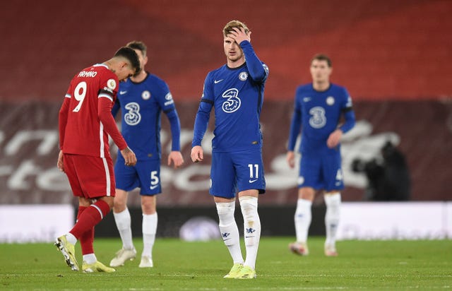 Chelsea’s Timo Werner was denied a goal against Liverpool by a VAR offside call