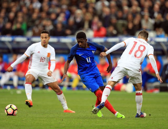 France’s Ousmane Dembele, centre, was in fine form for Barcelona at the weekend
