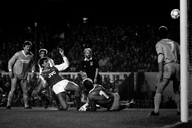 Alan Smith, centre left, scores Arsenal's second goal in the 3-0 win over Bournemouth in October 1987