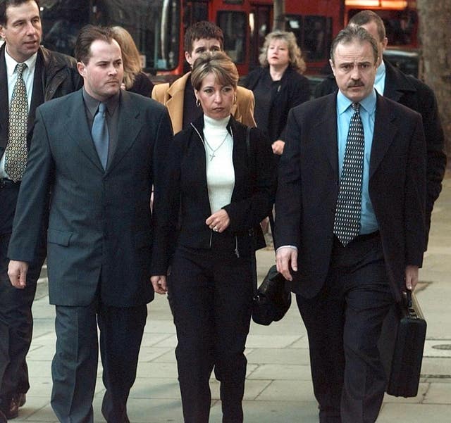 James Bulger's mother, Denise Fergus, arrives with her husband Stuart (left) at the Law Courts, in London, to hear the Lord Chief Justice's ruling on the minimum sentences to be served by Thompson and Venables in October 2000, when they were aged 18 (Peter Jordan/PA)