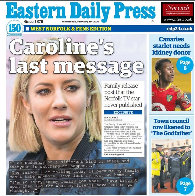 The front cover of the Eastern Daily Press newspaper