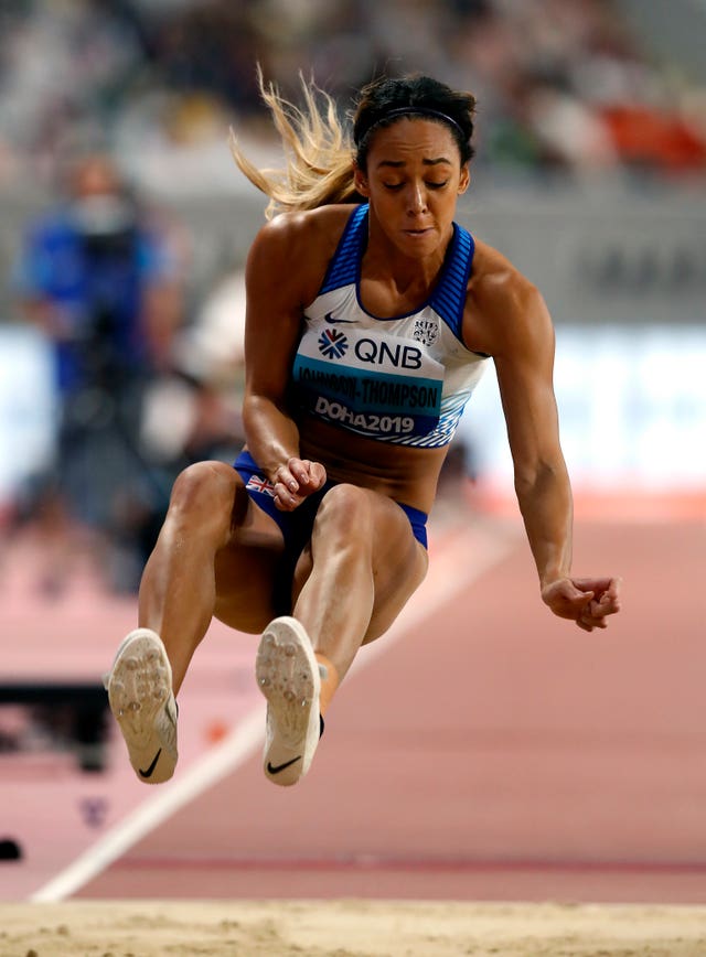Katarina Johnson-Thompson competes in the heptathlon long jump in Doha