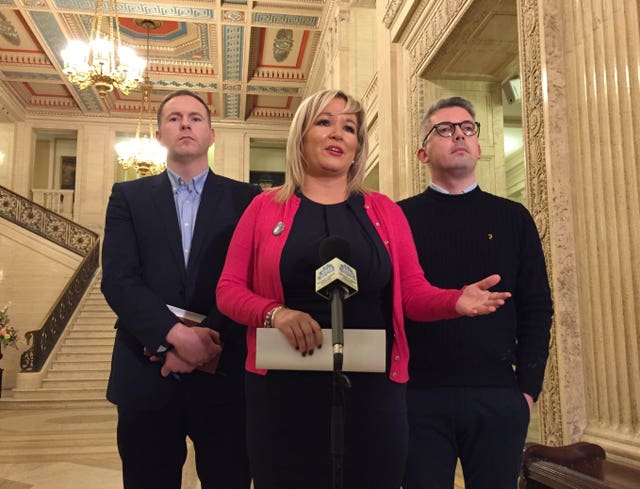 Sinn Fein vice president Michelle O'Neill with party colleagues speaking to the media after they held talks with Ireland’s deputy premier Simon Coveney at Stormont, Belfast