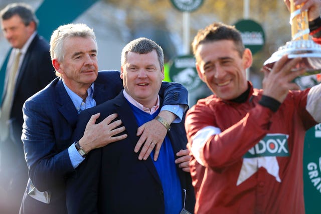 Gordon Elliott celebrates Grand National glory with owner Michael O'Leary and jockey Davy Russell