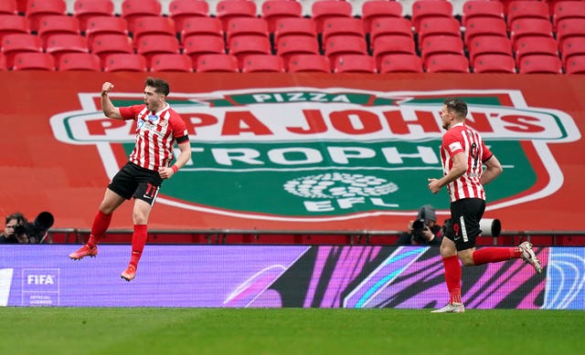 Lynden Gooch, left, celebrates after scoring Sunderland's winner against Tranmere in the Papa John's Trophy final