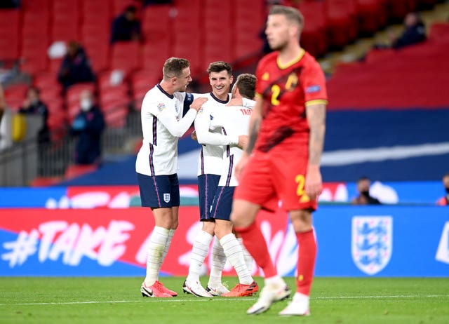 Mason Mount celebrates scoring England's winner against Belgium