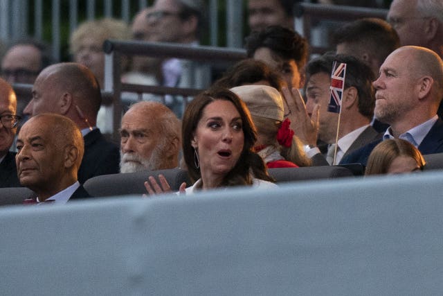 The Duchess of Cambridge in the Royal Box at the Platinum Party at the Palace in front of Buckingham Palace,
