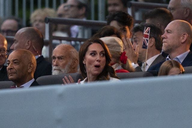 The Duchess of Cambridge in the Royal Box at the Platinum Party at the Palace in front of Buckingham Palace, 