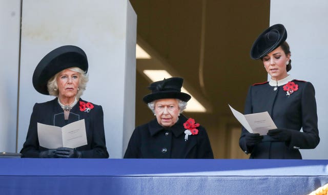 The Duchess of Cornwall, Queen Elizabeth II and the Duchess of Cambridge during the remembrance service at the Cenotaph memorial in Whitehall (Andrew Matthews/PA)