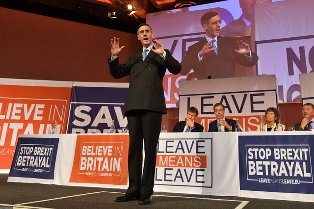 Jacob Rees-Mogg speaks at a Leave Means Leave 'Save Brexit' rally at the Queen Elizabeth II Conference Centre in central London