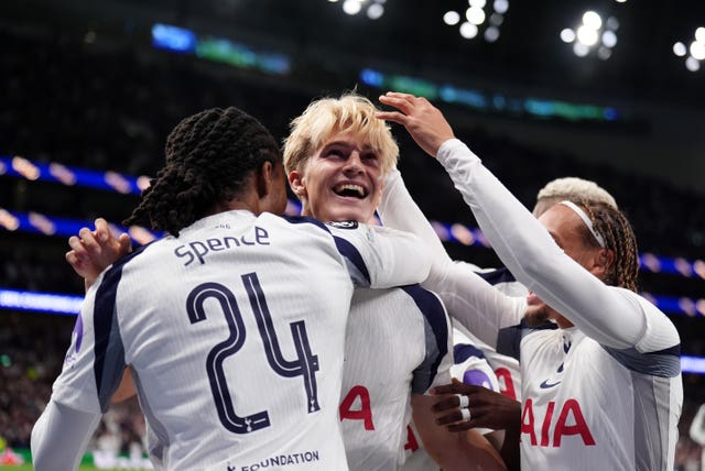 Lucas Bergvall and his Tottenham team-mates celebrate an own goal by Villarreal’s Luiz Junior