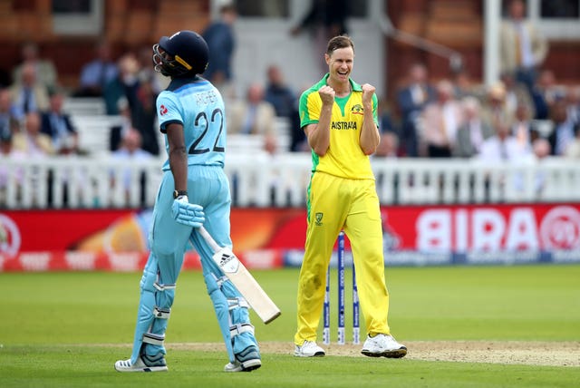 Jason Behrendorff celebrates taking the wicket of Jofra Archer