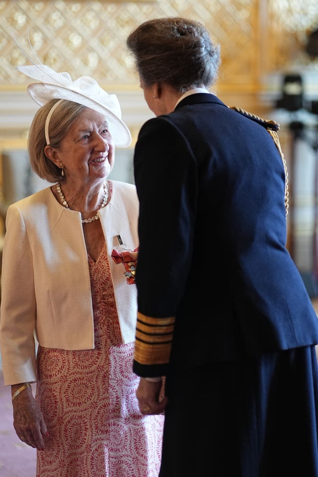 Dr Anita White, from Chichester, Founder, International Working Group on Women and Sport, Women in Sport, and the Anita White Foundation, is made a Commander of the Order of the British Empire by the Princess Royal at Windsor Castle