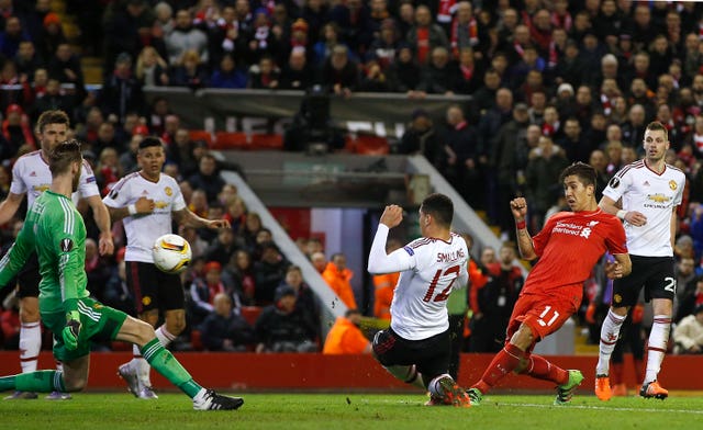 Roberto Firmino, second right, fires Liverpool towards victory over Manchester United in 2016