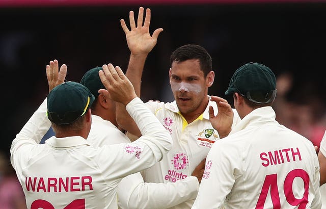 Australia’s Scott Boland celebrates the wicket of England’s Zak Crawley