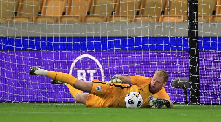 England’s Aaron Ramsdale saves a penalty from Turkey’s Halil Dervisoglu