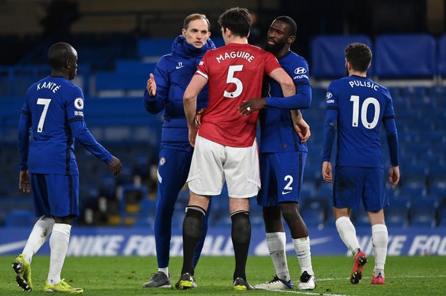 Chelsea manager Thomas Tuchel with Harry Maguire