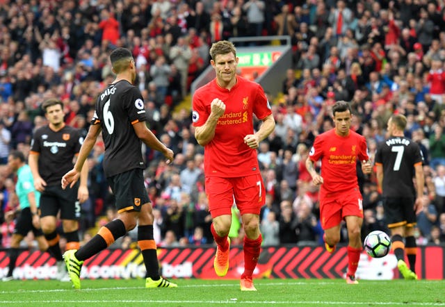 James Milner celebrates his only Premier League brace, against Hull in 2016