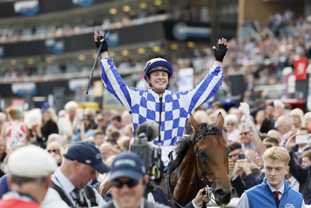 Saffie Osborne celebrates winning the St Leger