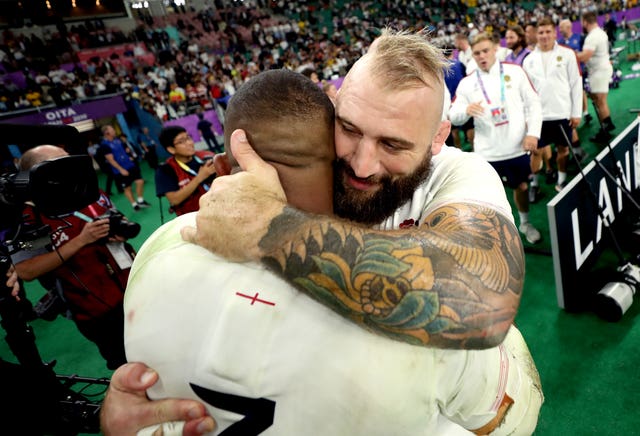 Kyle Sinckler (left) hugs Joe Marler at the end of the 2019 Rugby World Cup quarter-final match