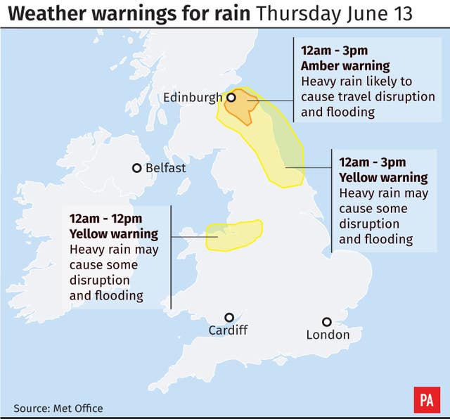 Weather warnings for rain Thursday June 13