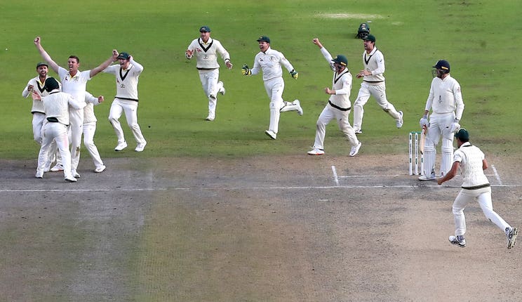Australia celebrate the final wicket of Craig Overton