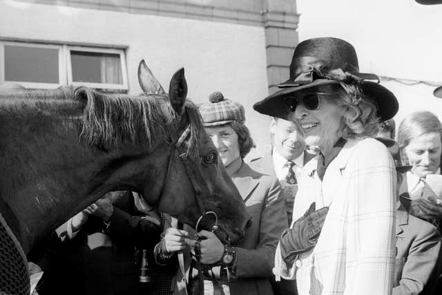 Lady Beaverbrook sees her racehorse Bustino being led in after winning the St Leger Stakes at Doncaster