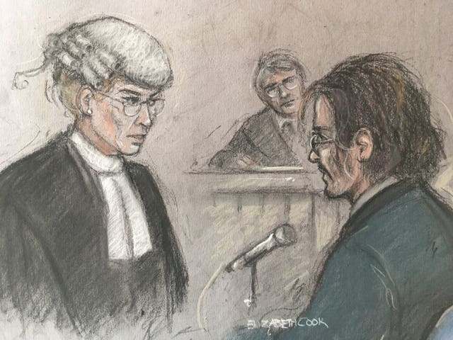 Court artist sketch of Johnny Depp being questioned by Sasha Wass QC at the High Court in London