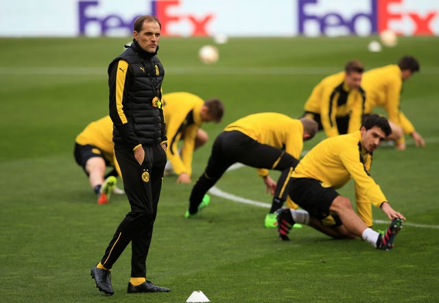 Tuchel oversees a Dortmund training session ahead of a Champions League match against Liverpool