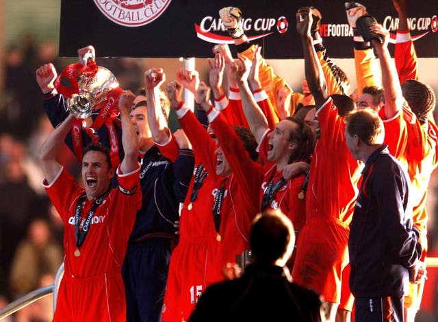 Middlesbrough captain Gareth Southgate lifts the 2004 League Cup. (PA)