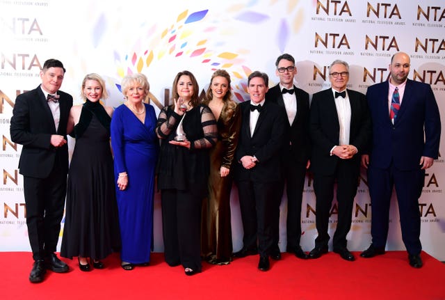 Mathew Horne, Joanna Page, Alison Steadman, Ruth Jones, Laura Aikman, Rob Brydon, Robert Wilfort, Larry Lamb and guest with the impact award for Gavin And Stacey, Christmas Special at the National Television Awards in 2020