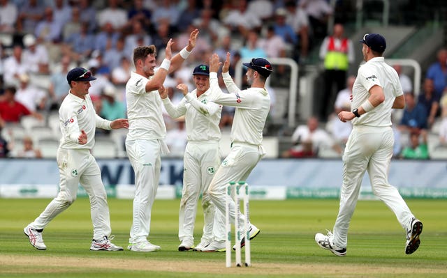 Mark Adair (second left) celebrates en route to helping Ireland bowl out England for just 85 at Lord's.