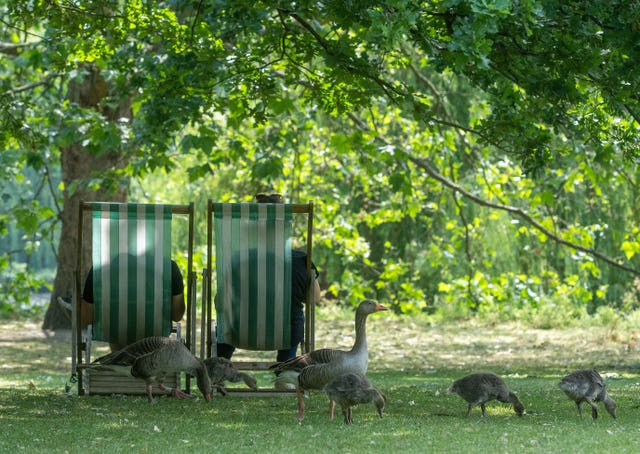 People relaxing in deckchairs at St James’s Park in central London.
