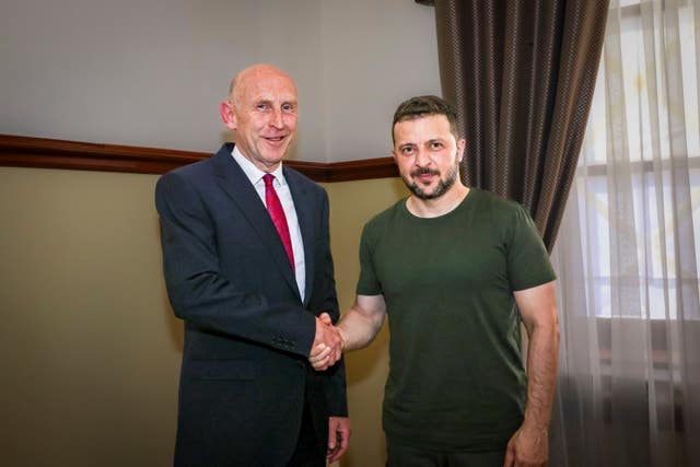 Defence Secretary John Healey shaking hands with Ukrainian President Volodymyr Zelensky