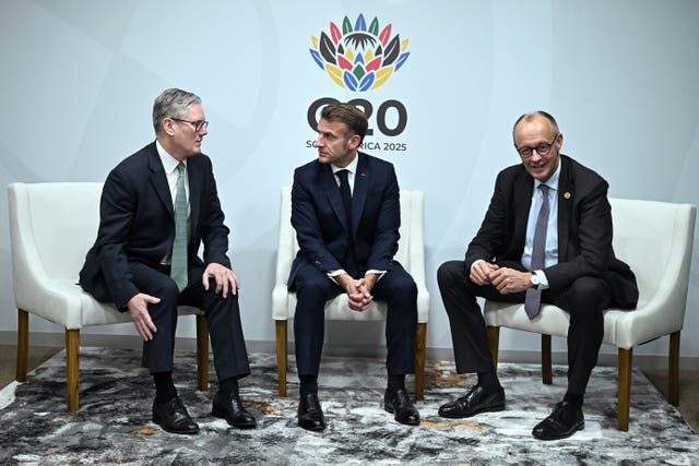 Sir Keir Starmer, Emmanuel Macron and Friedrich Merz meet at the G20 in South Africa