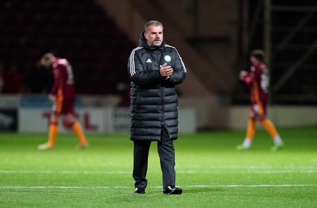 Celtic manager Ange Postecoglou celebrates victory during the Premier Sports Cup quarter final at Fir Park on Wednesday