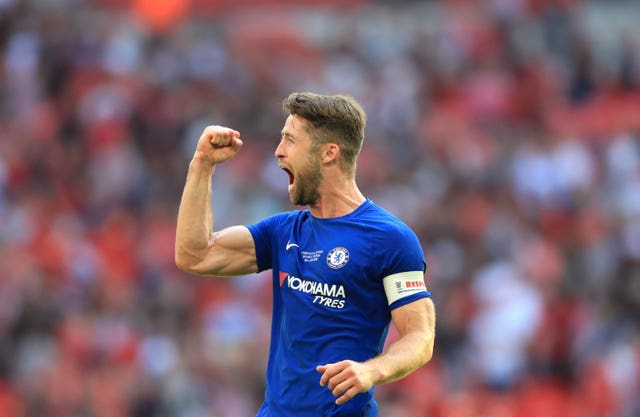 Gary Cahill celebrates Chelsea's Wembley triumph