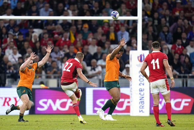 Gareth Anscombe scores a drop goal as part of his 23-point haul
