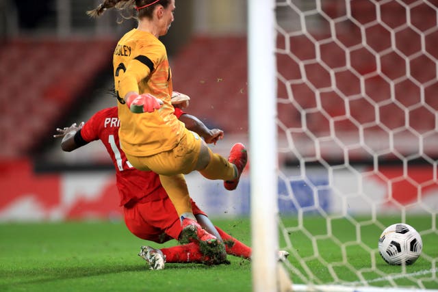 Nichelle Prince scored Canada's second goal as she pounced on a misjudged touch by Karen Bardsley (Mike Egerton/PA).