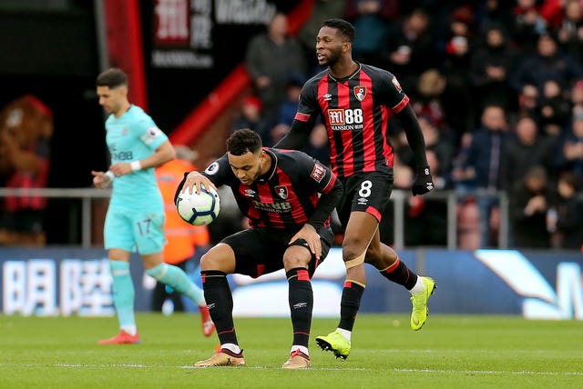 Joshua King celebrates scoring Bournemouth's first goal