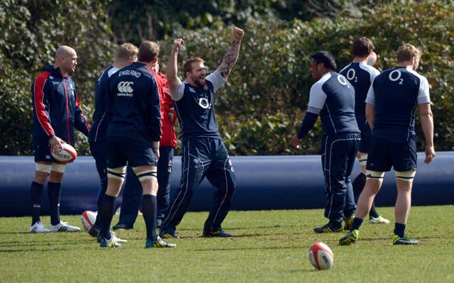 Marler jokes with team-mate Mako Vunipola during training