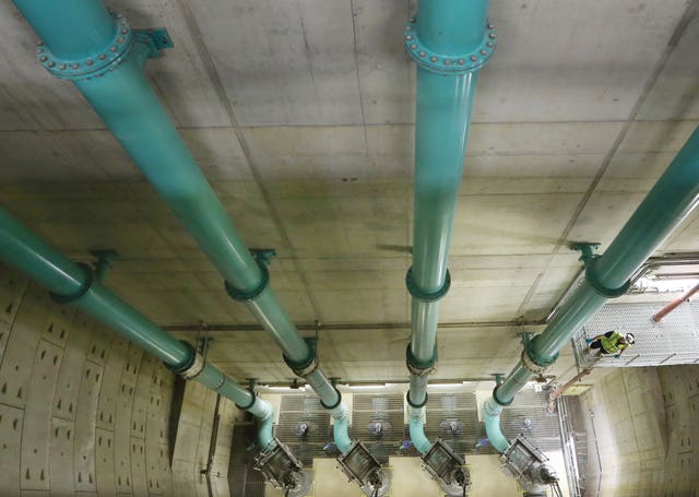Pipes pumping water around the Peacehaven Wastewater Treatment Works near Brighton, East Sussex