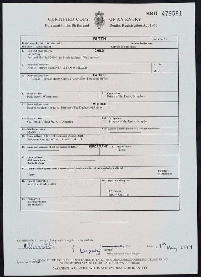 The birth certificate of Archie Harrison Mountbatten-Windsor