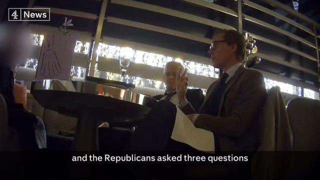 Cambridge Analytica (CA) chief executive Alexander Nix (right) was filmed talking about his company’s role in the US presidential election during a meeting filmed at a London hotel (Channel 4 <a href=