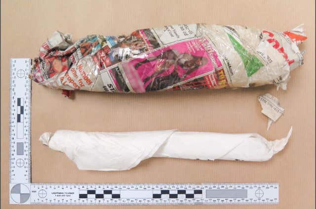 Handout photo of a knife in tissue which was shown to the court (Metropolitan Police/PA)