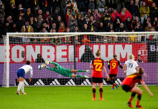 Tessa Wullaert, centre right, scores Belgium''s winner from the penalty spot